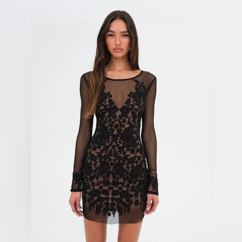 For Love & Lemons Luau Long Sleeve Black Mini Illusion  Dress Size Large (L)